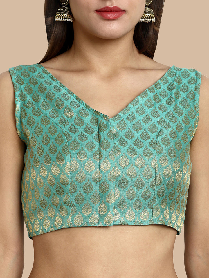 Turquoise Green V-Neck Sleeveless Brocade Blouse