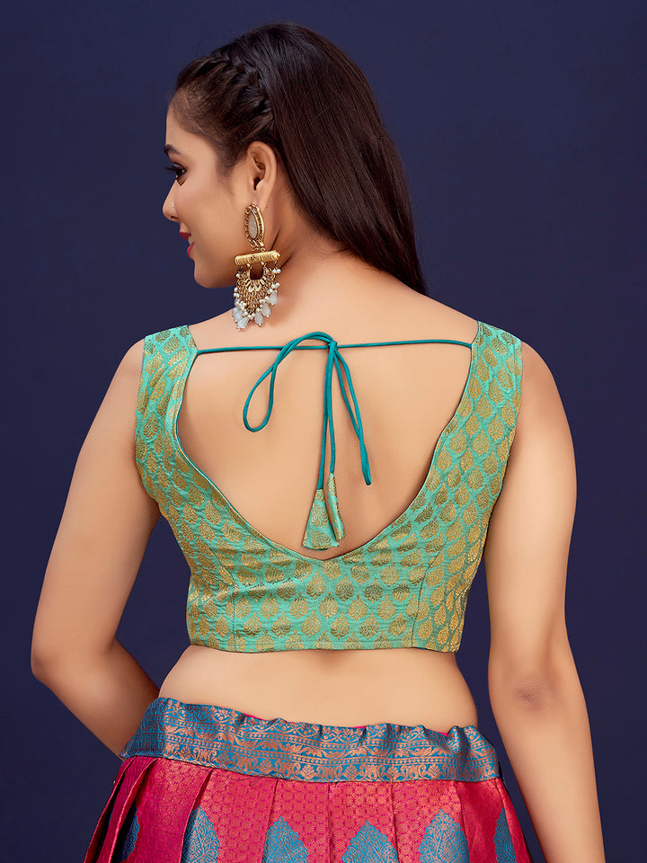 Turquoise Green V-Neck Sleeveless Brocade Blouse with Zari Work