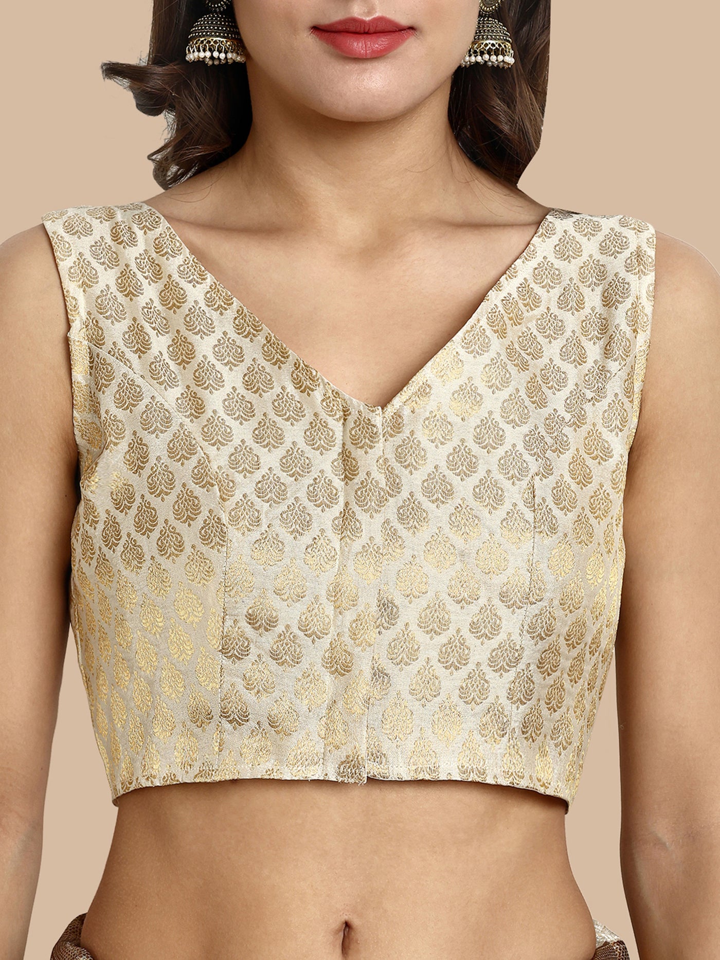 Off-White V-Neck Sleeveless Brocade Blouse