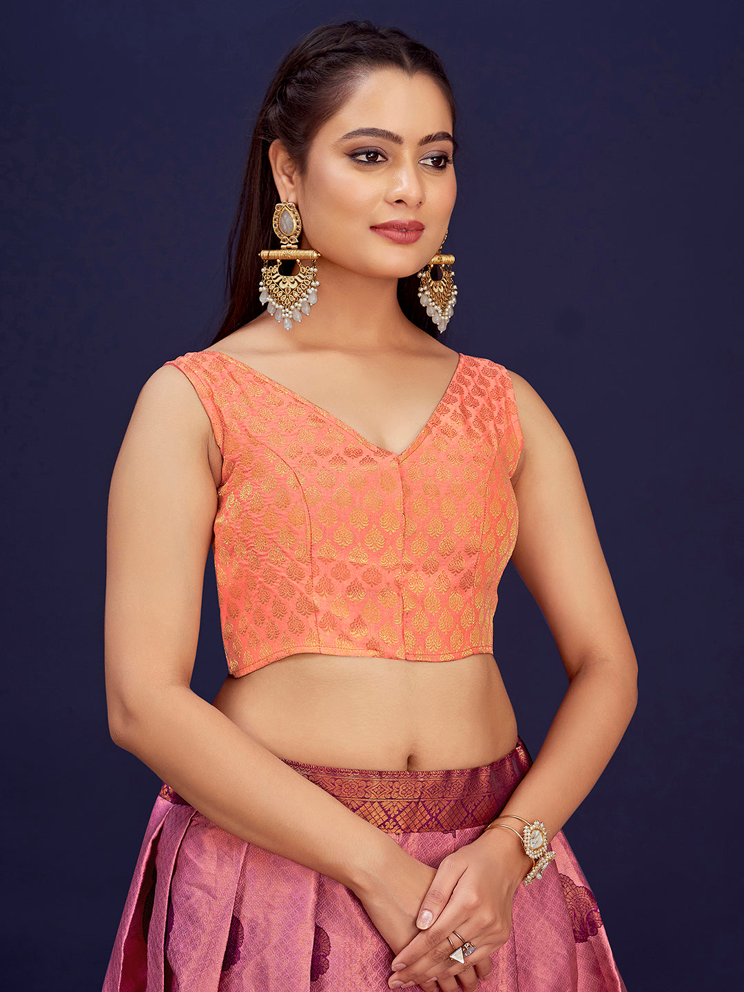 Peach V-Neck Sleeveless Brocade Blouse with Zari Work