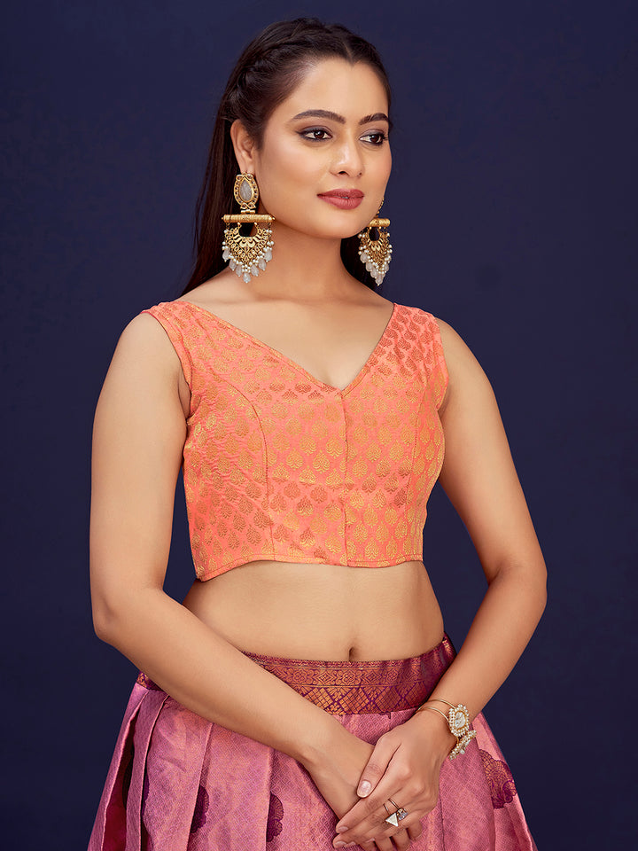 Peach V-Neck Sleeveless Brocade Blouse with Zari Work