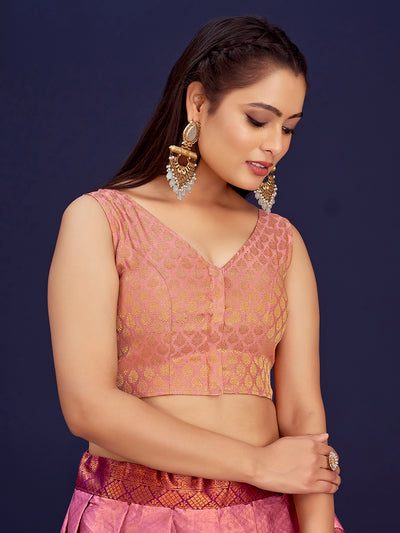 Pastel Pink V-Neck Sleeveless Brocade Blouse with Gold Zari Work