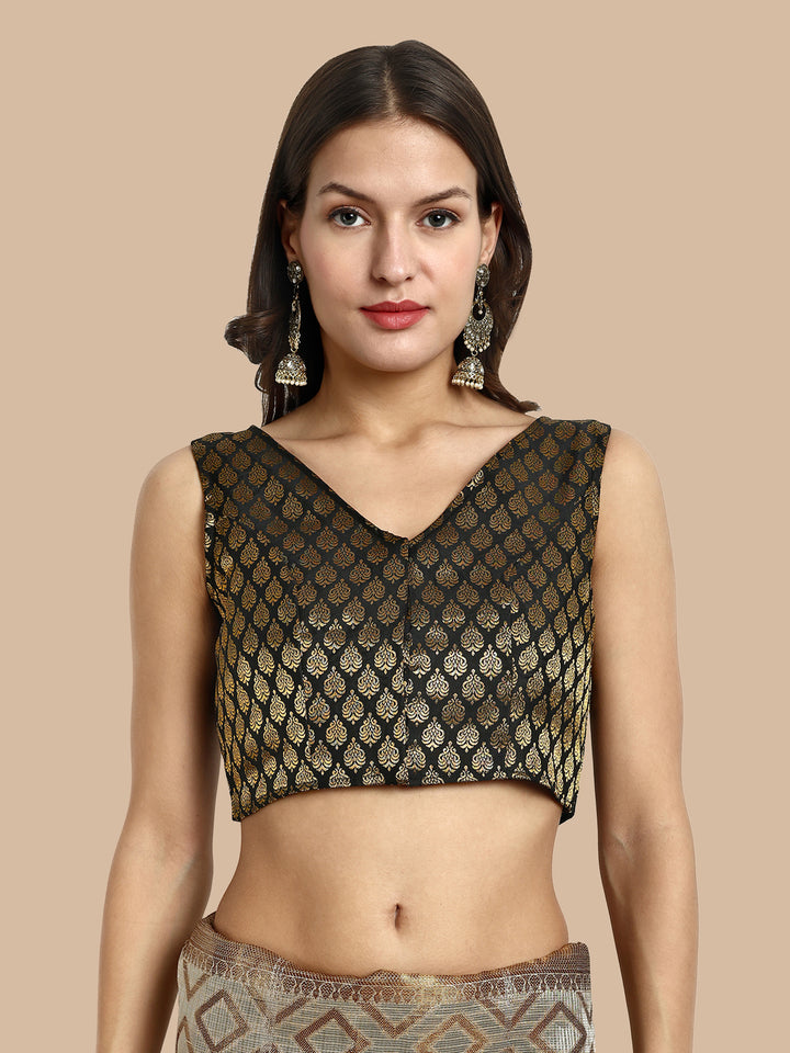 Black V-Neck Sleeveless Brocade Blouse