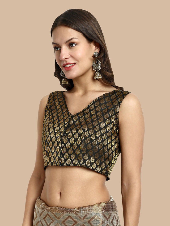 Black V-Neck Sleeveless Brocade Blouse