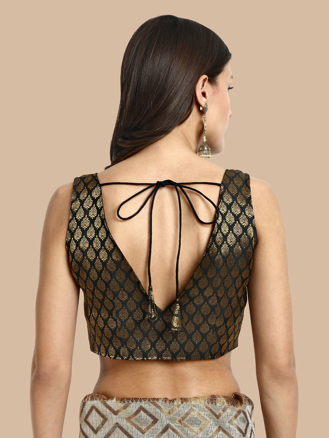 Black V-Neck Sleeveless Brocade Blouse