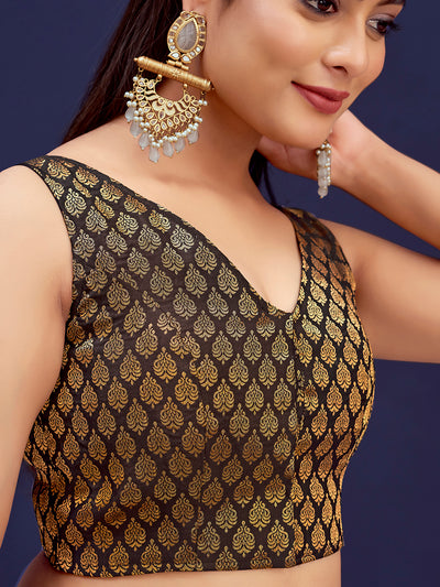 Black V-Neck Sleeveless Brocade Blouse  with Zari Work