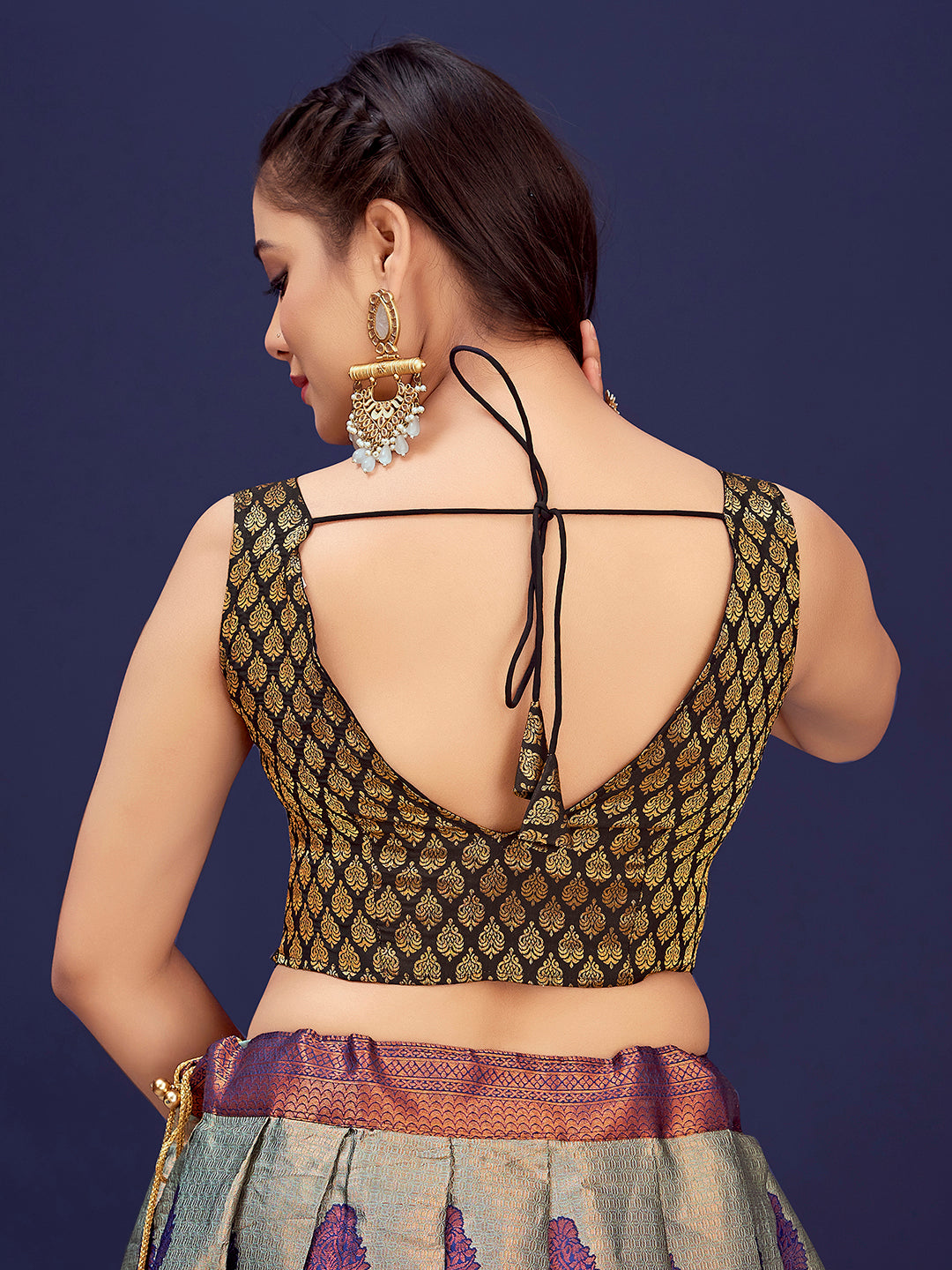 Black V-Neck Sleeveless Brocade Blouse  with Zari Work