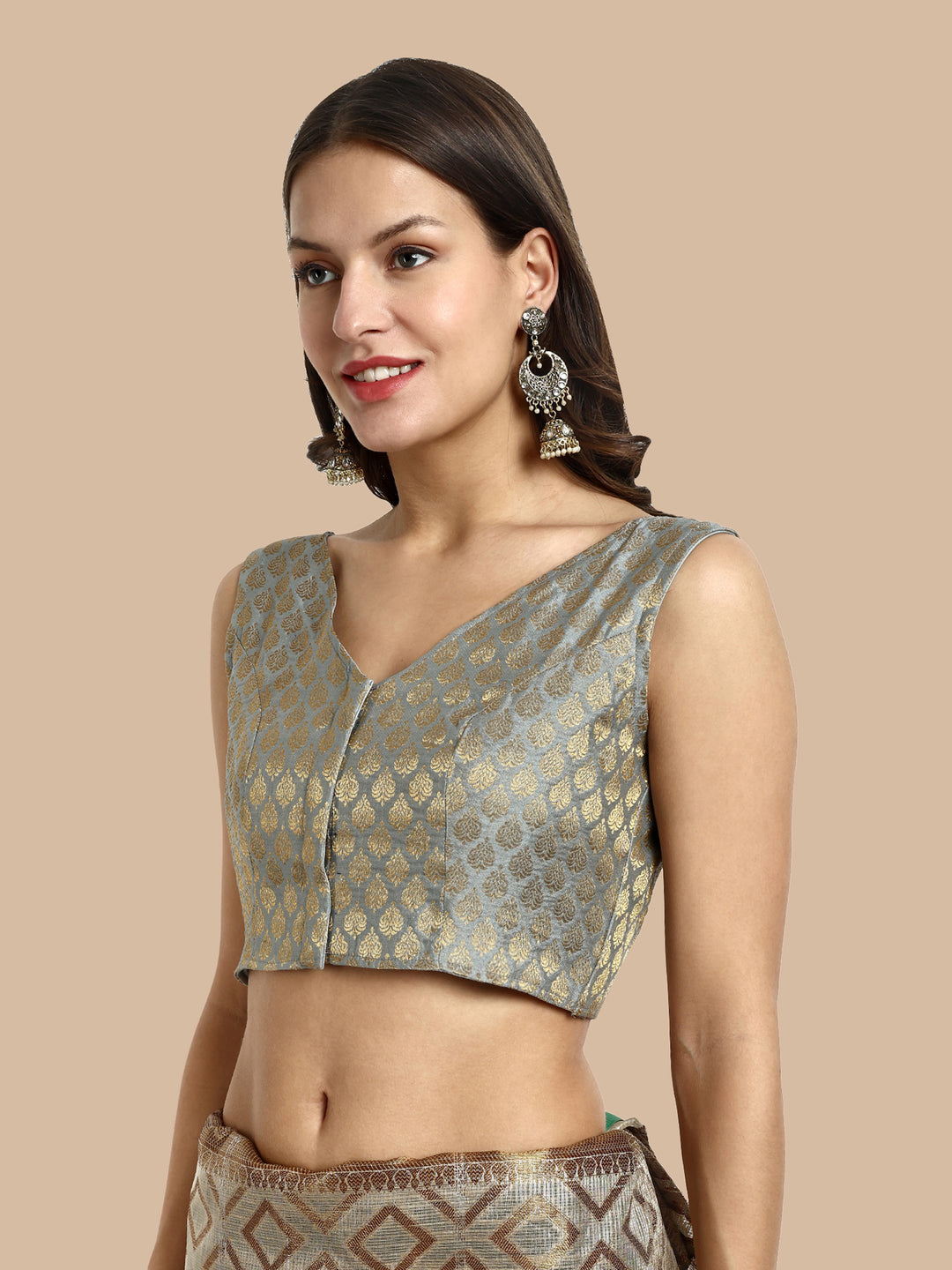 Grey V-Neck Sleeveless Brocade Blouse