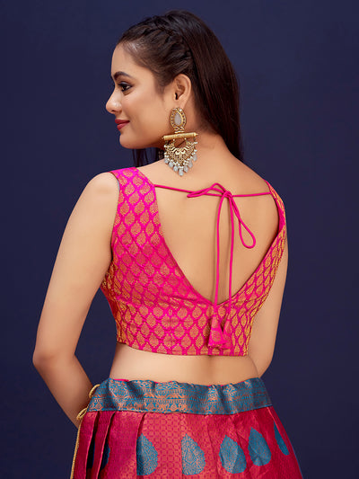 Deep Pink V-Neck Sleeveless Brocade Blouse  with Zari Work