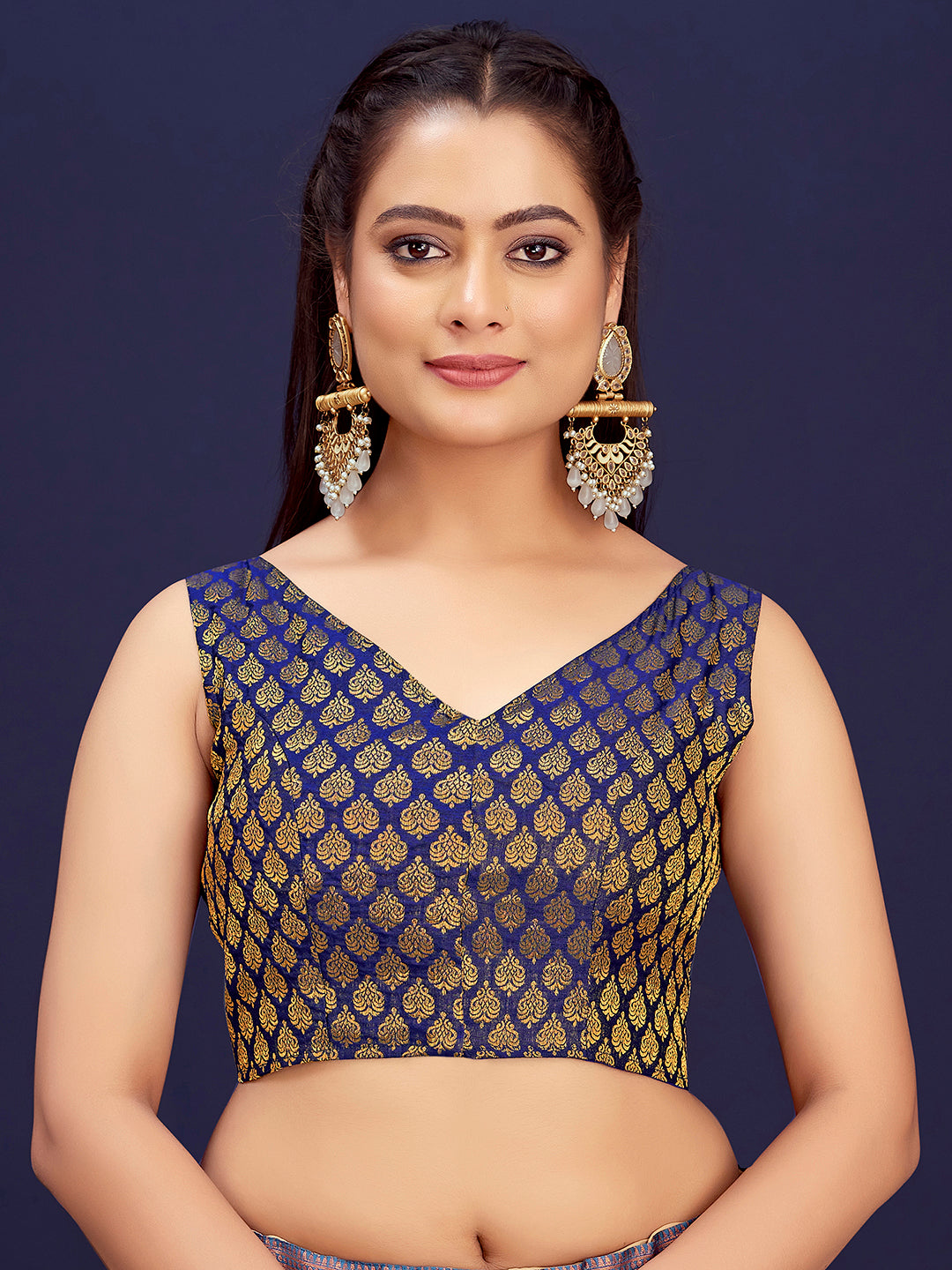 Navy Blue V-Neck Sleeveless Brocade Blouse with Gold Zari Work