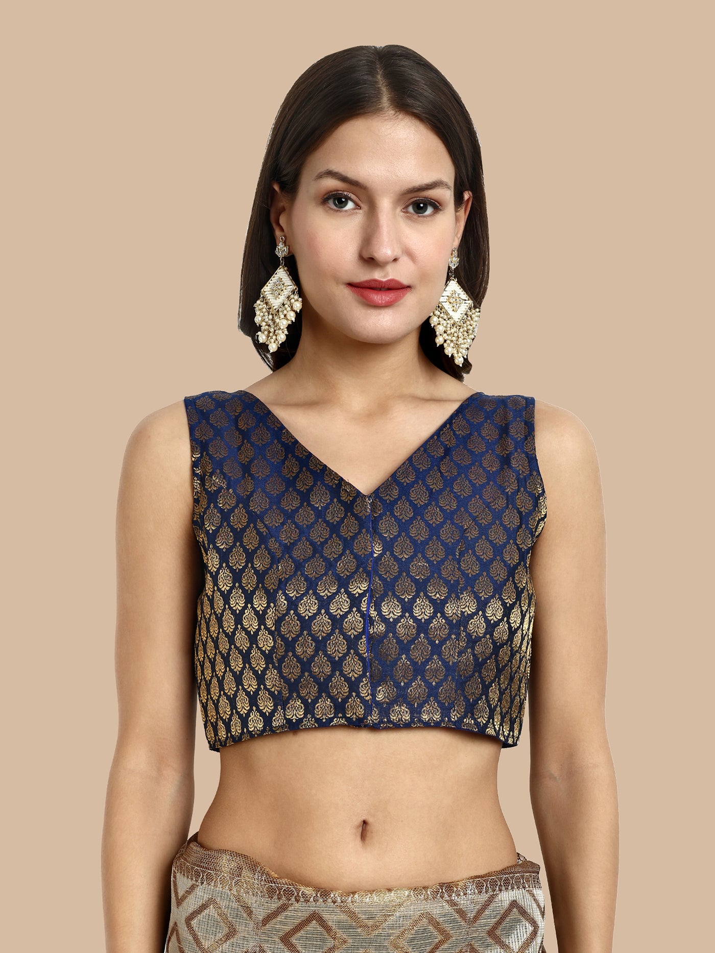 Navy Blue V-Neck Sleeveless Brocade Blouse