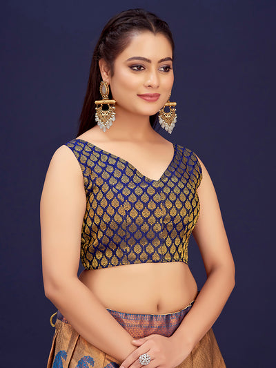 Navy Blue V-Neck Sleeveless Brocade Blouse with Gold Zari Work