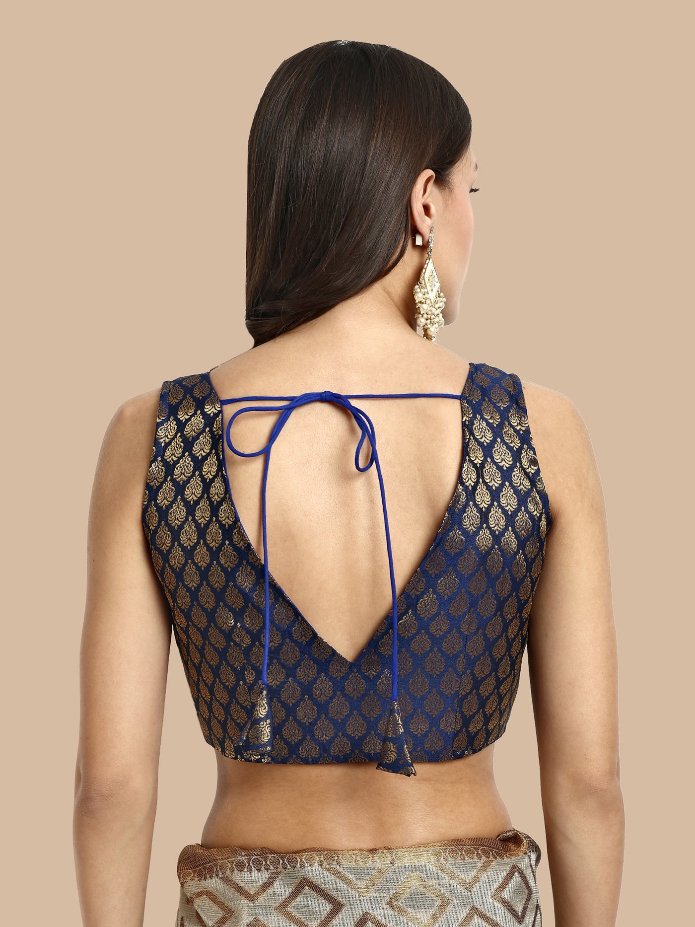 Navy Blue V-Neck Sleeveless Brocade Blouse