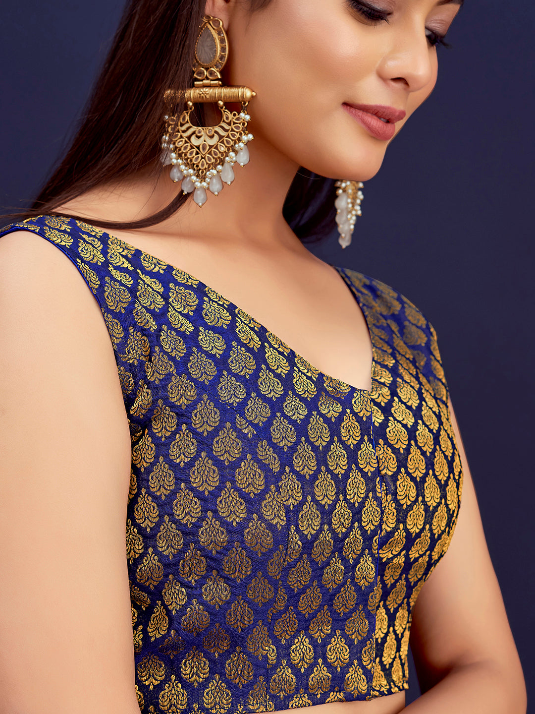 Navy Blue V-Neck Sleeveless Brocade Blouse with Gold Zari Work