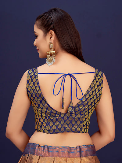 Navy Blue V-Neck Sleeveless Brocade Blouse with Gold Zari Work