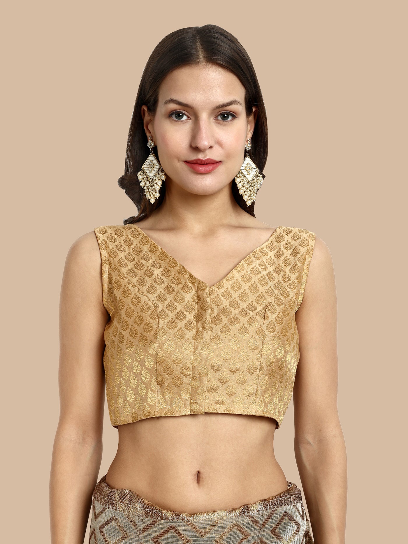 Beige V-Neck Sleeveless Brocade Blouse