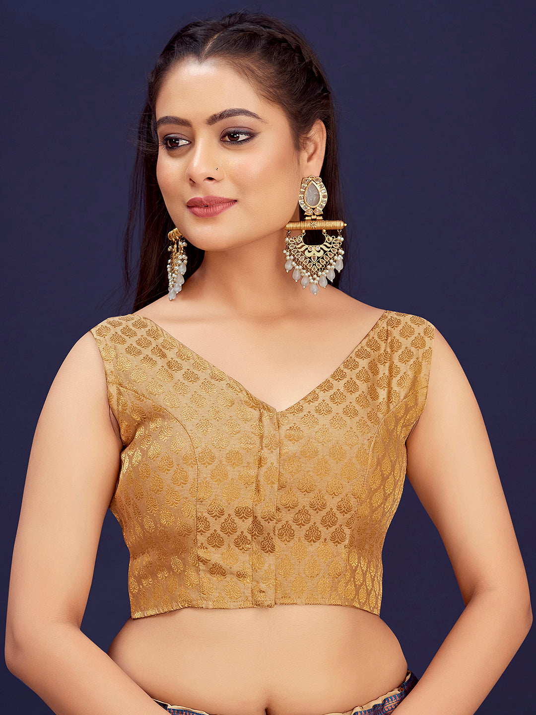 Beige V-Neck Sleeveless Brocade Blouse with Zari Work