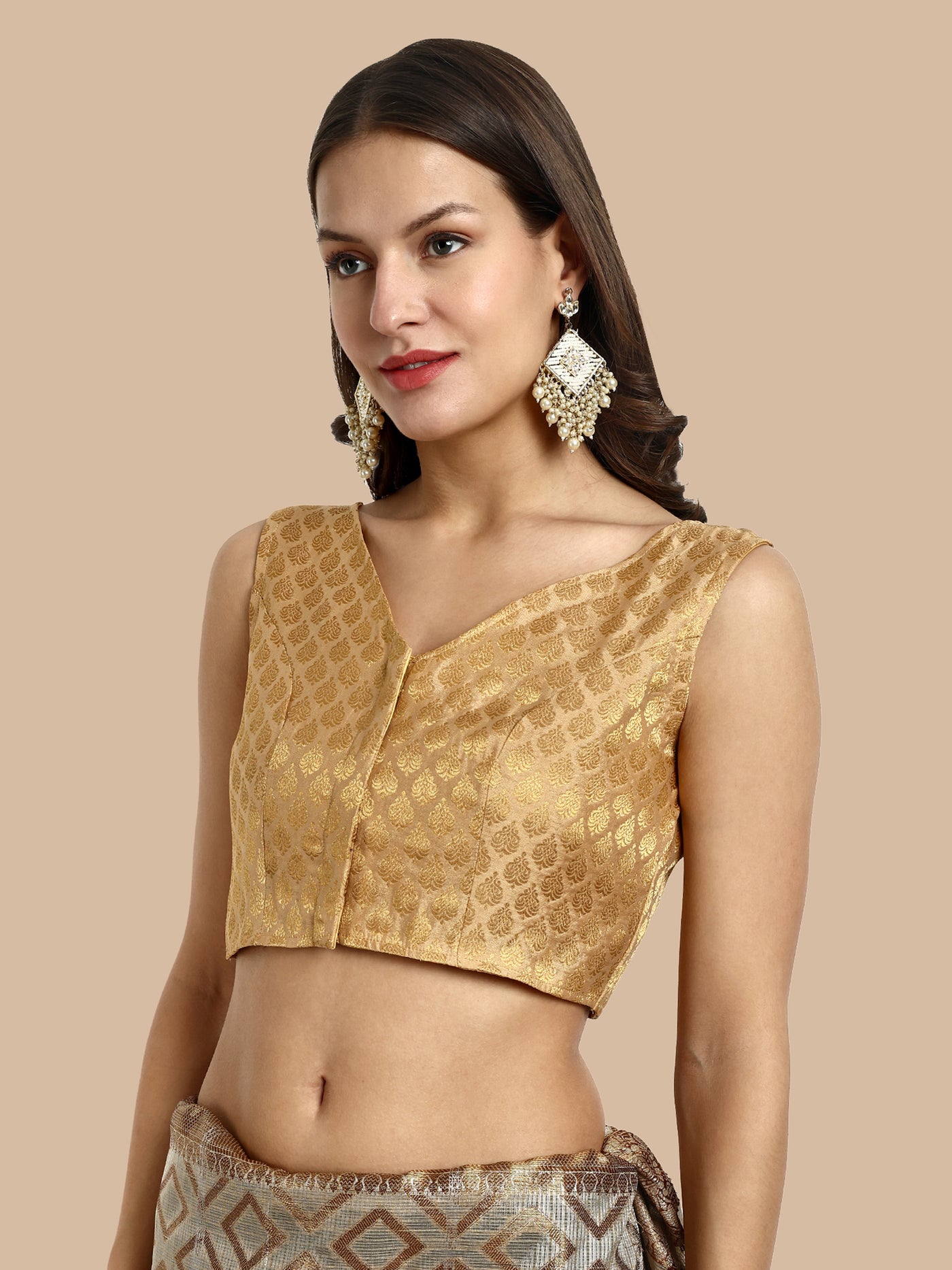 Beige V-Neck Sleeveless Brocade Blouse