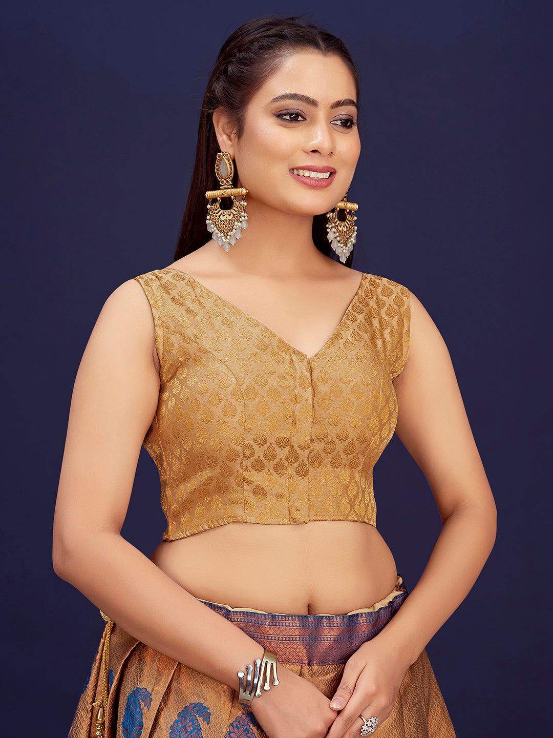 Beige V-Neck Sleeveless Brocade Blouse with Zari Work