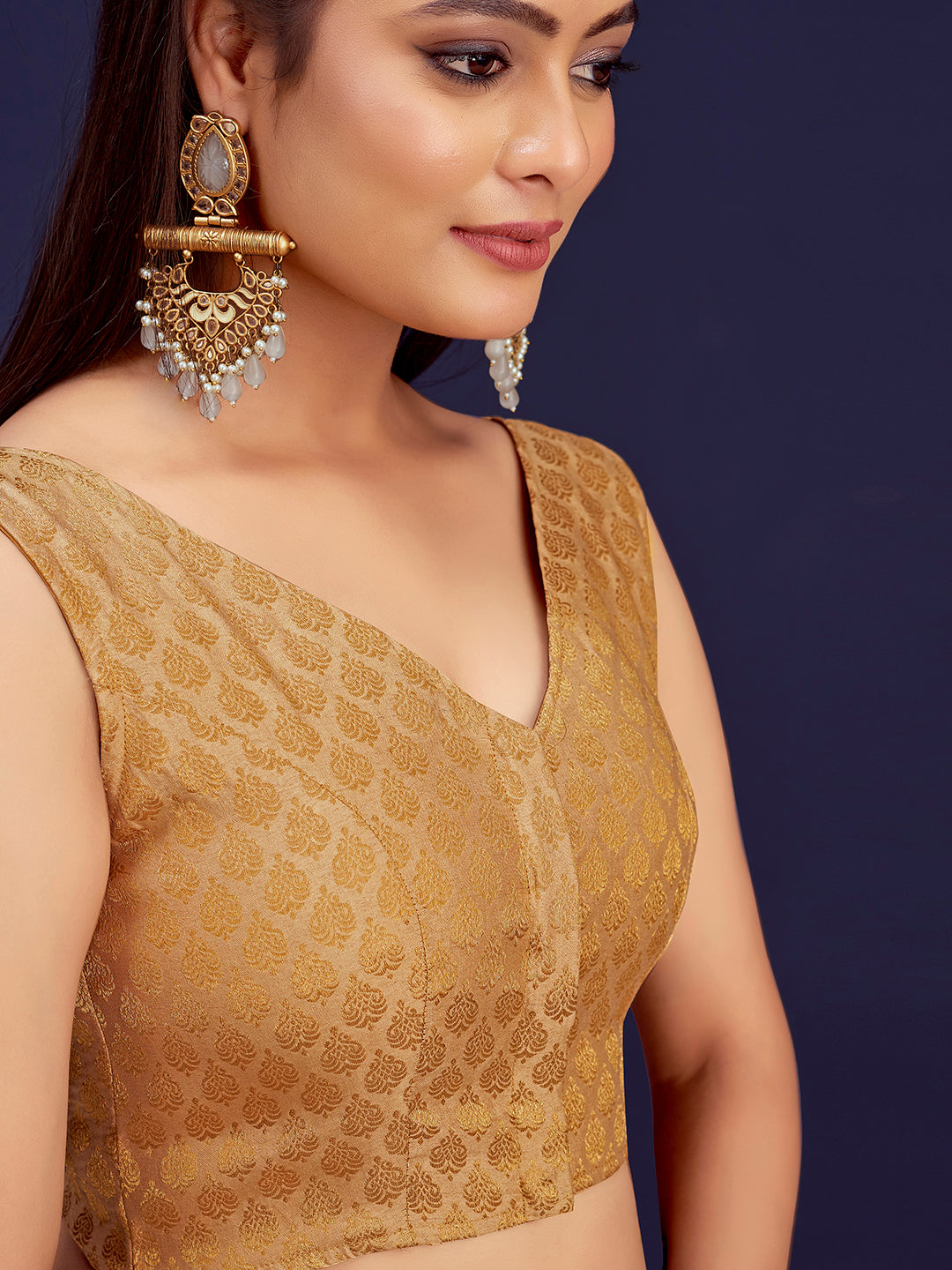 Beige V-Neck Sleeveless Brocade Blouse with Zari Work