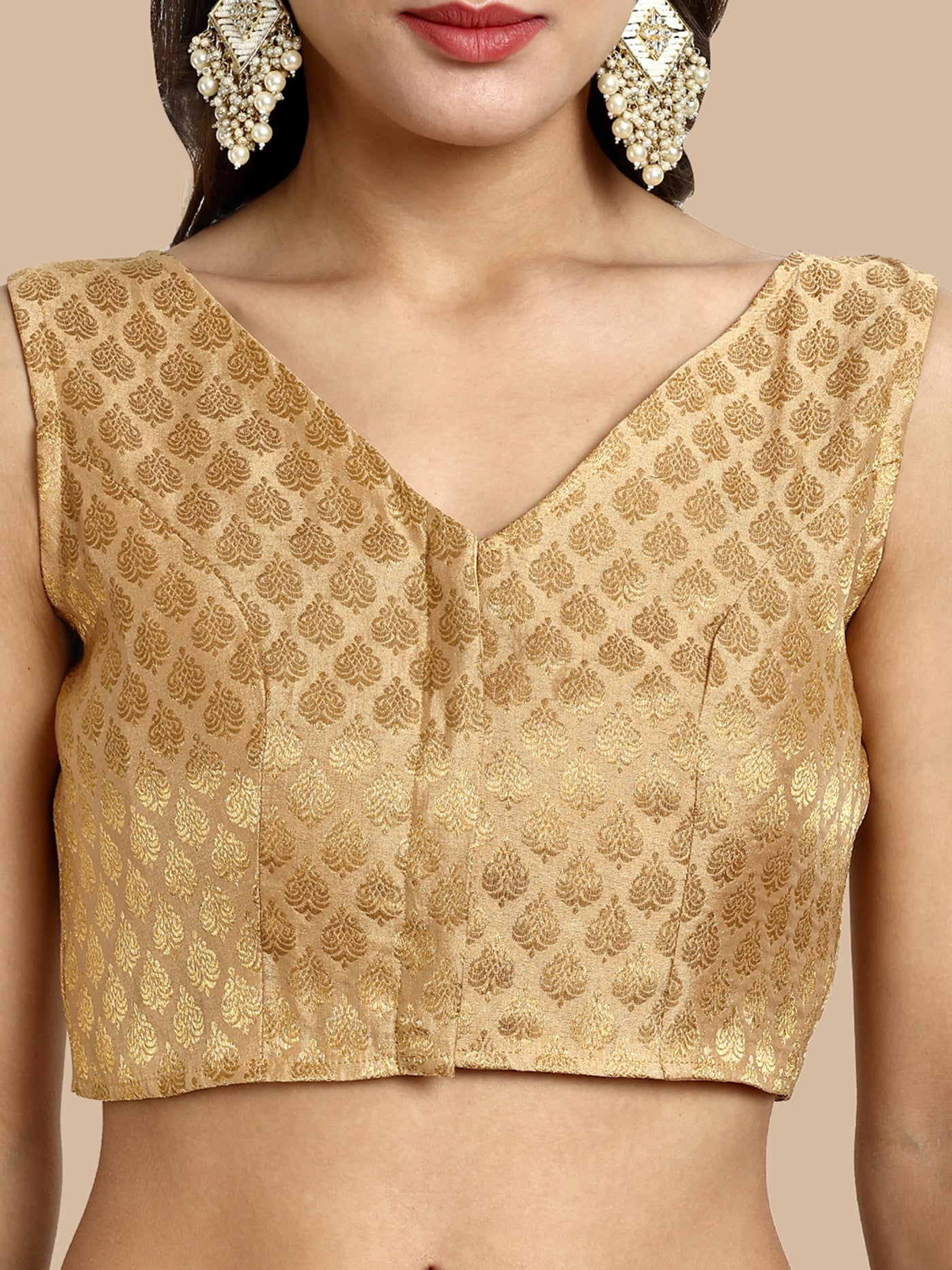 Beige V-Neck Sleeveless Brocade Blouse