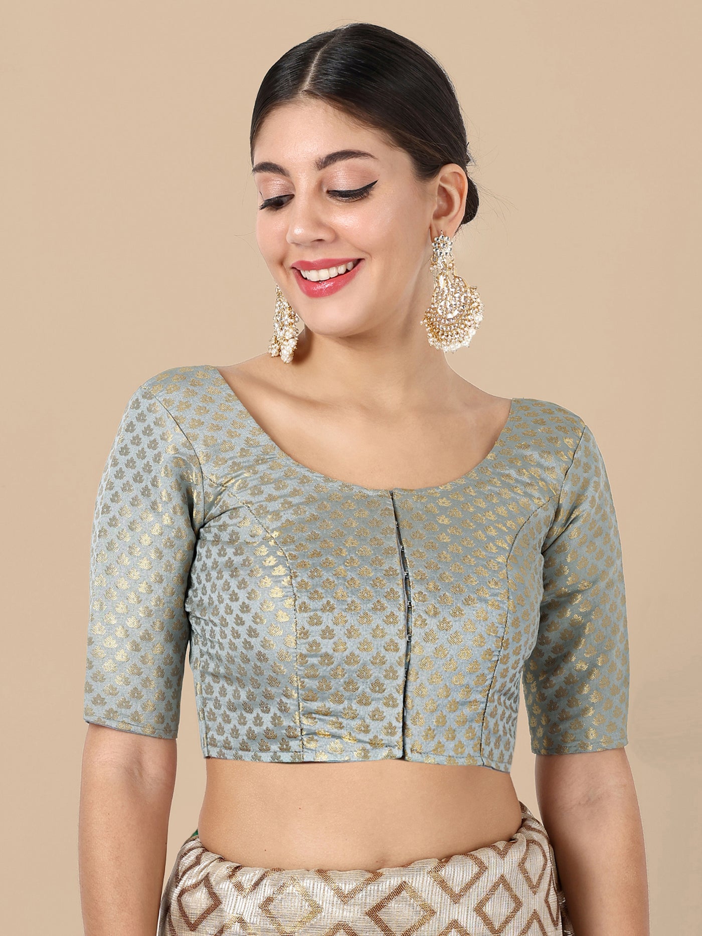 Grey Round Neck Brocade Blouse