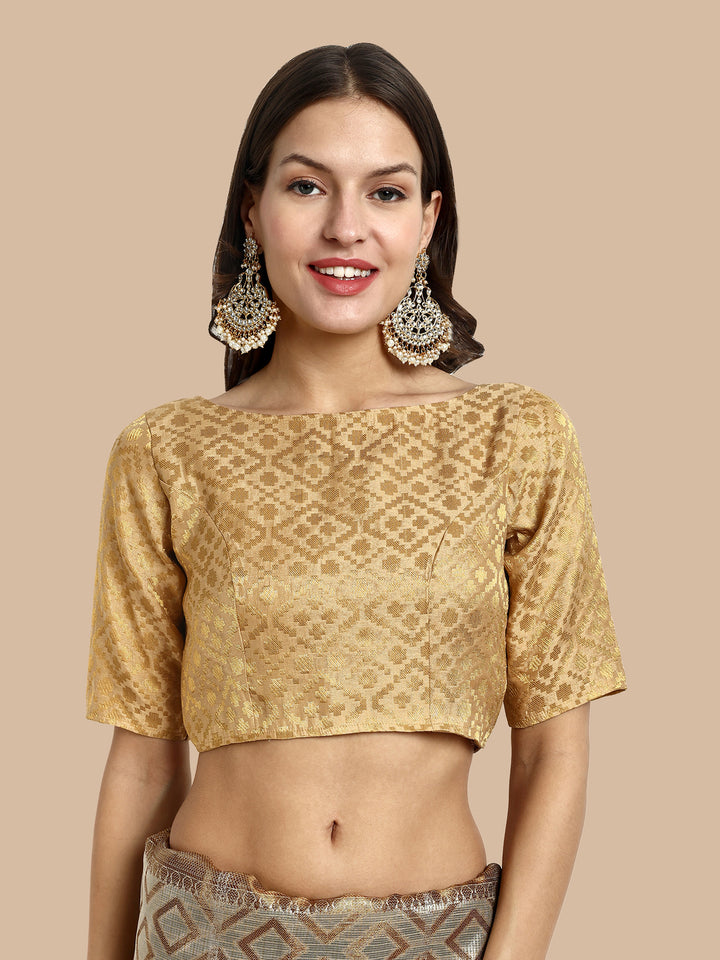Beige Boat Neck Brocade Blouse