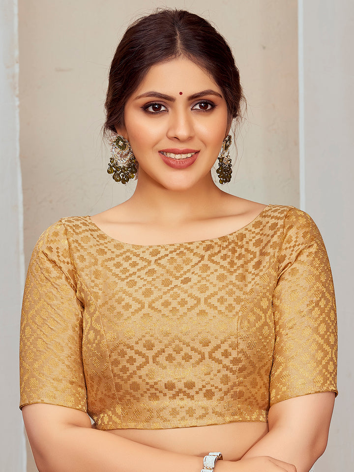 Beige Boat Neck Brocade Blouse with Gold Zari