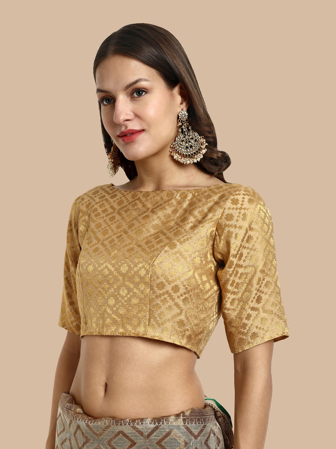 Beige Boat Neck Brocade Blouse