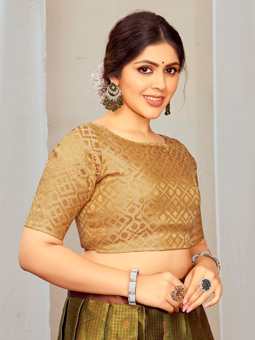 Beige Boat Neck Brocade Blouse with Gold Zari