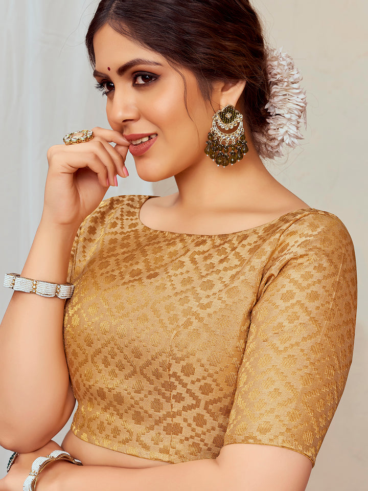 Beige Boat Neck Brocade Blouse with Gold Zari