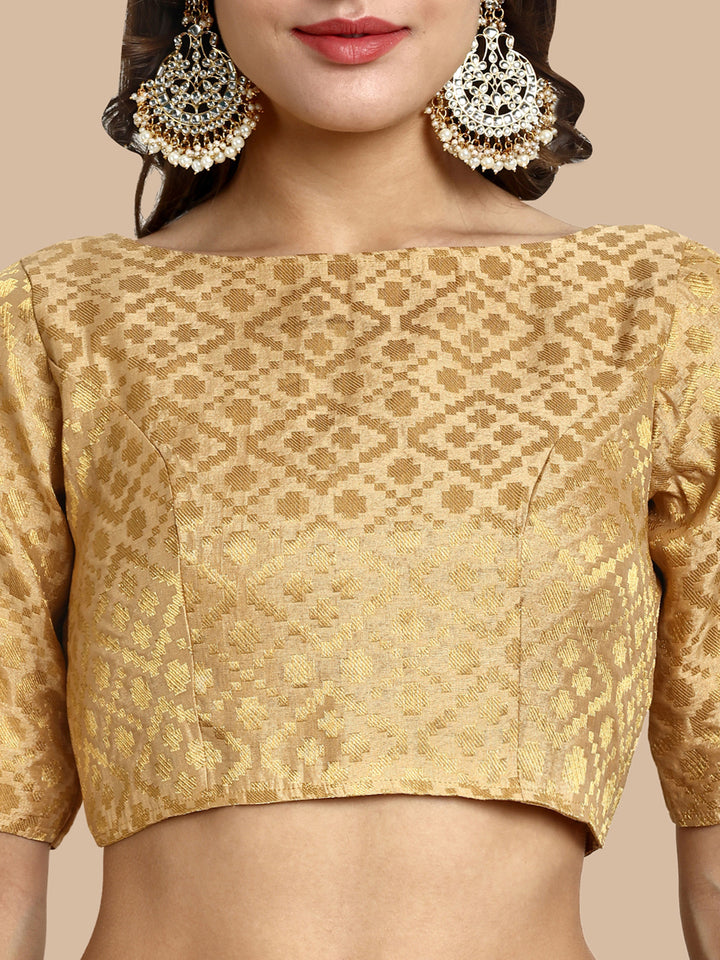 Beige Boat Neck Brocade Blouse