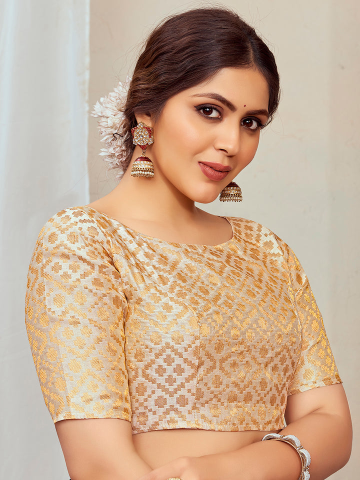 Off-White Boat Neck Brocade Blouse with Gold Zari