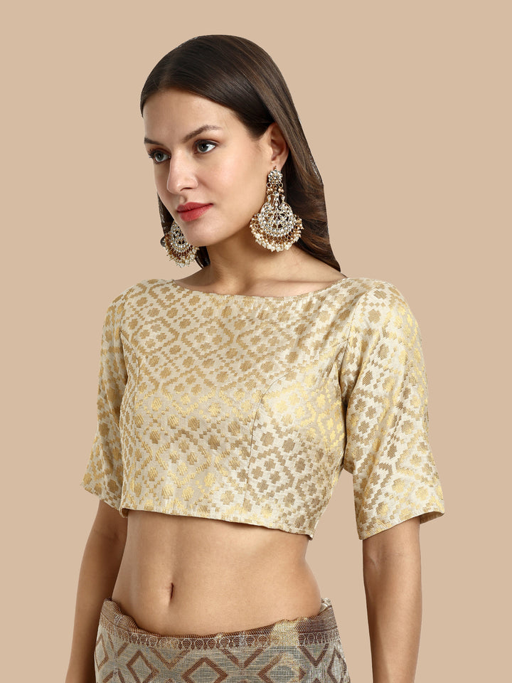Off-White Boat Neck Brocade Blouse