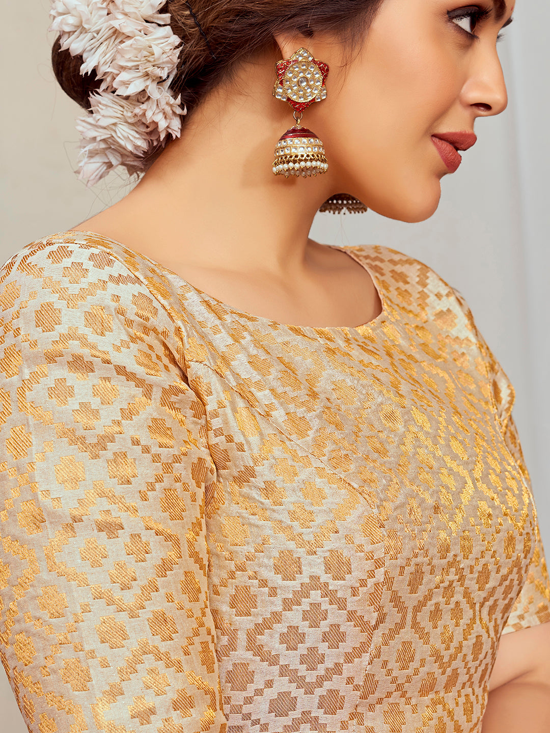 Off-White Boat Neck Brocade Blouse with Gold Zari