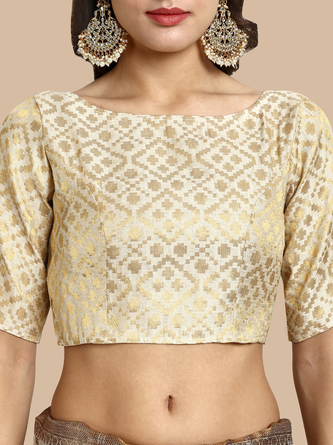 Off-White Boat Neck Brocade Blouse