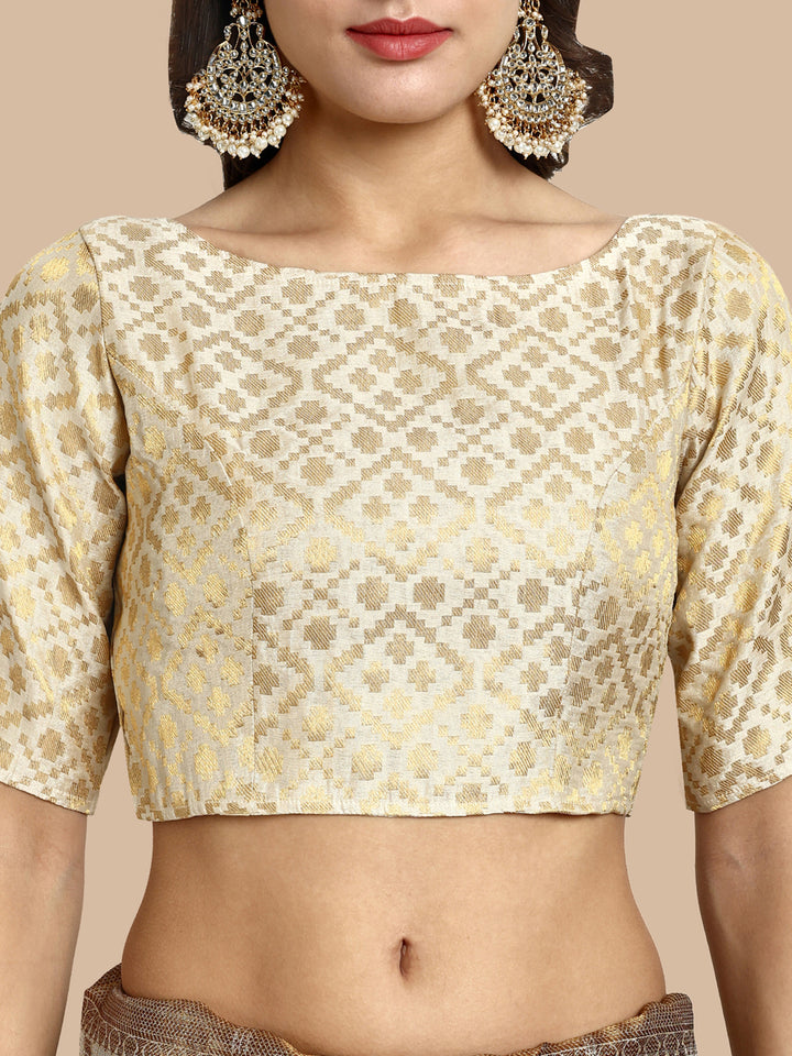 Off-White Boat Neck Brocade Blouse
