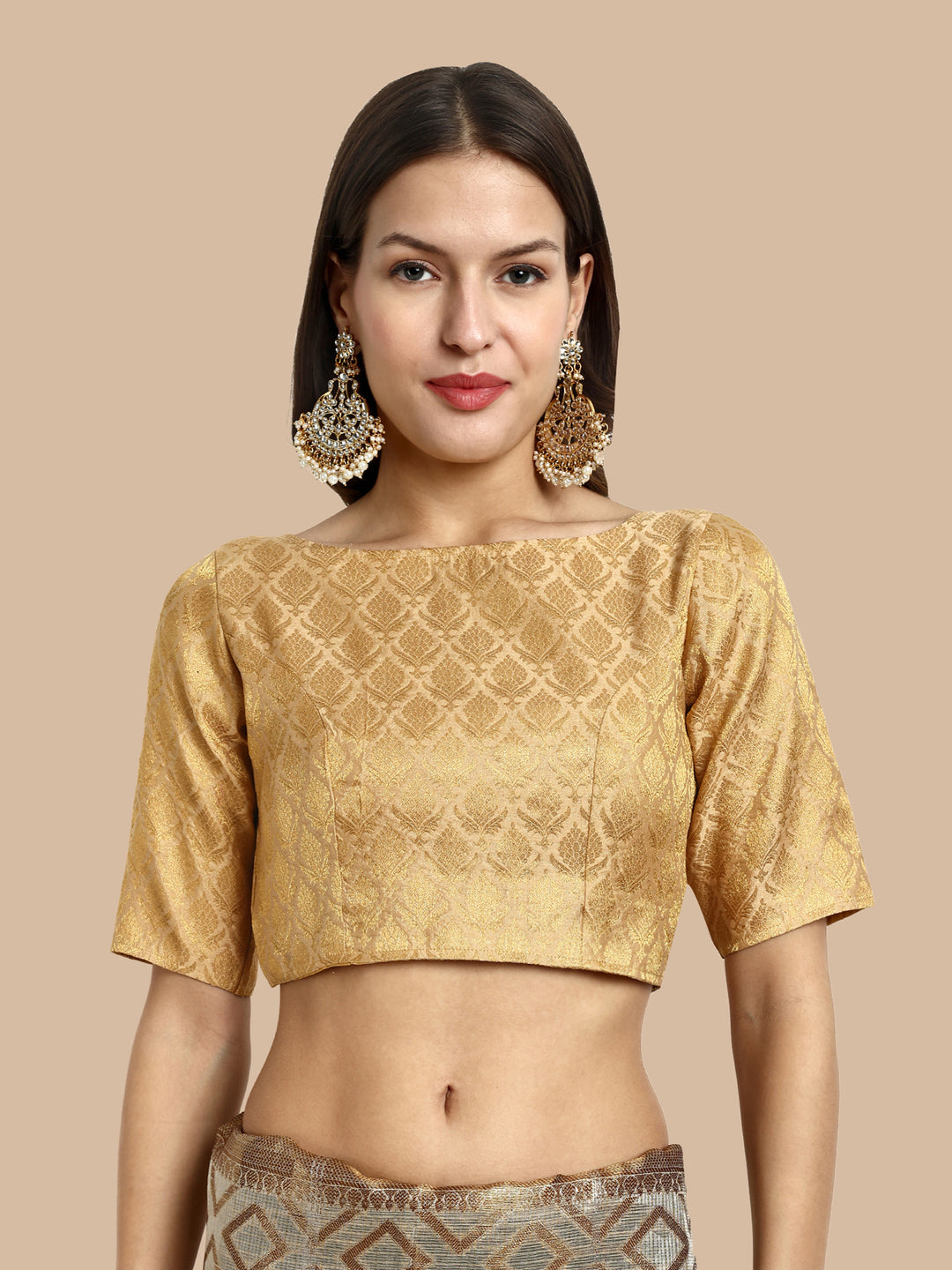 Beige Boat Neck Brocade Blouse