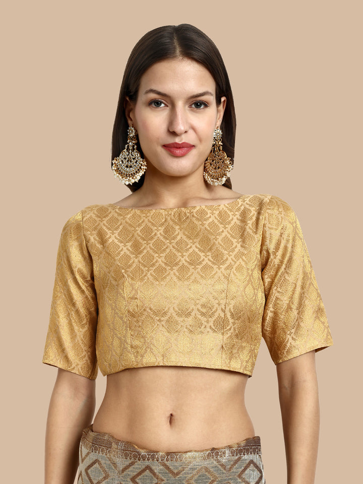 Beige Boat Neck Brocade Blouse