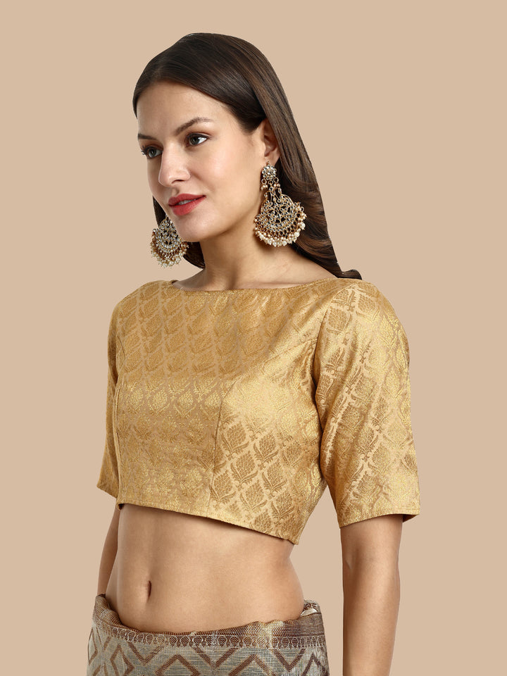 Beige Boat Neck Brocade Blouse