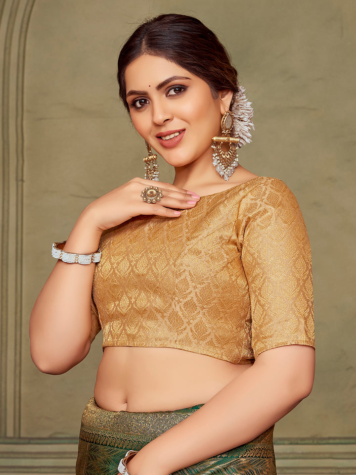 Beige Boat Neck Brocade Blouse with Gold Zari