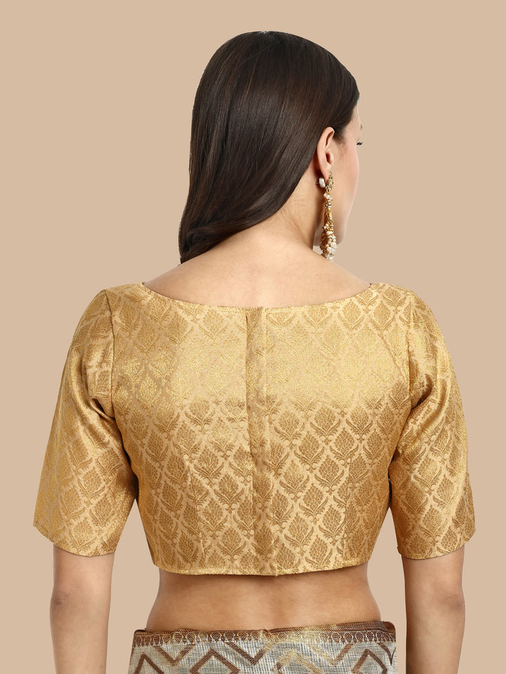Beige Boat Neck Brocade Blouse