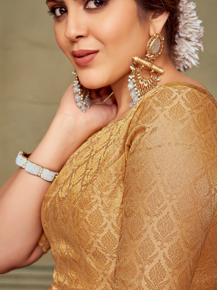 Beige Boat Neck Brocade Blouse with Gold Zari