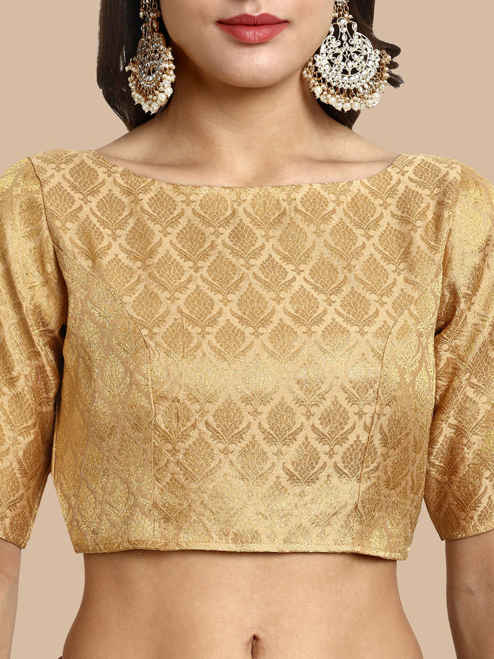 Beige Boat Neck Brocade Blouse