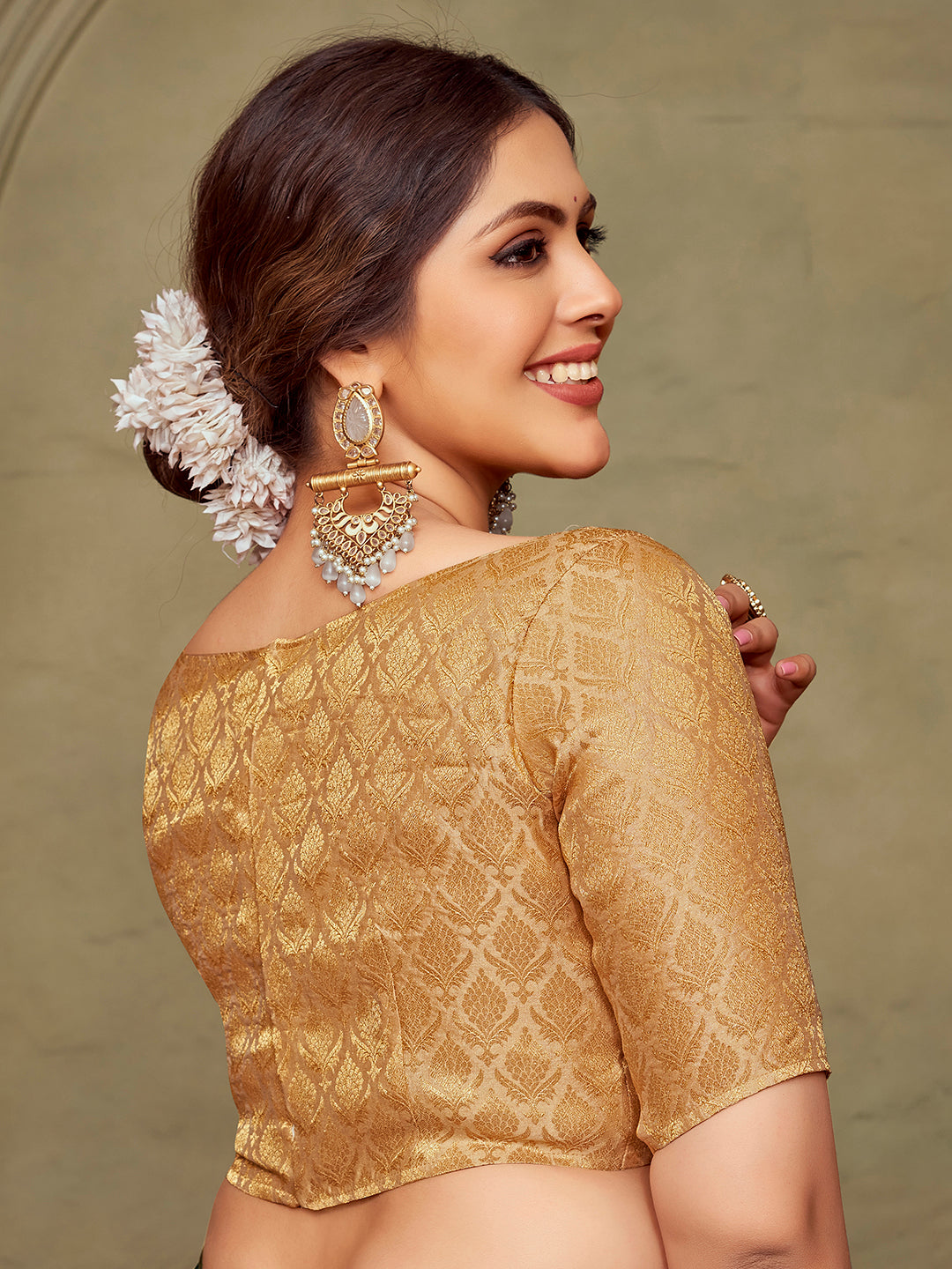 Beige Boat Neck Brocade Blouse with Gold Zari