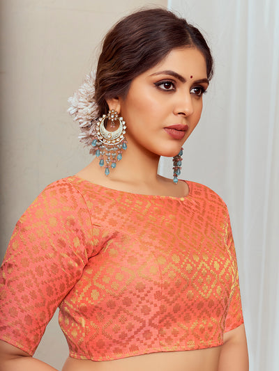 Peach Boat Neck Brocade Blouse with Gold Zari