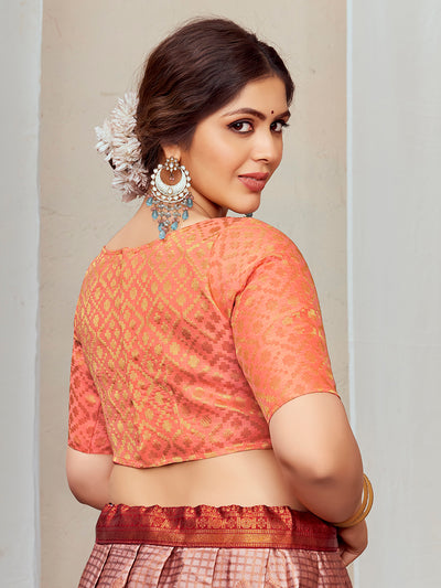 Peach Boat Neck Brocade Blouse with Gold Zari