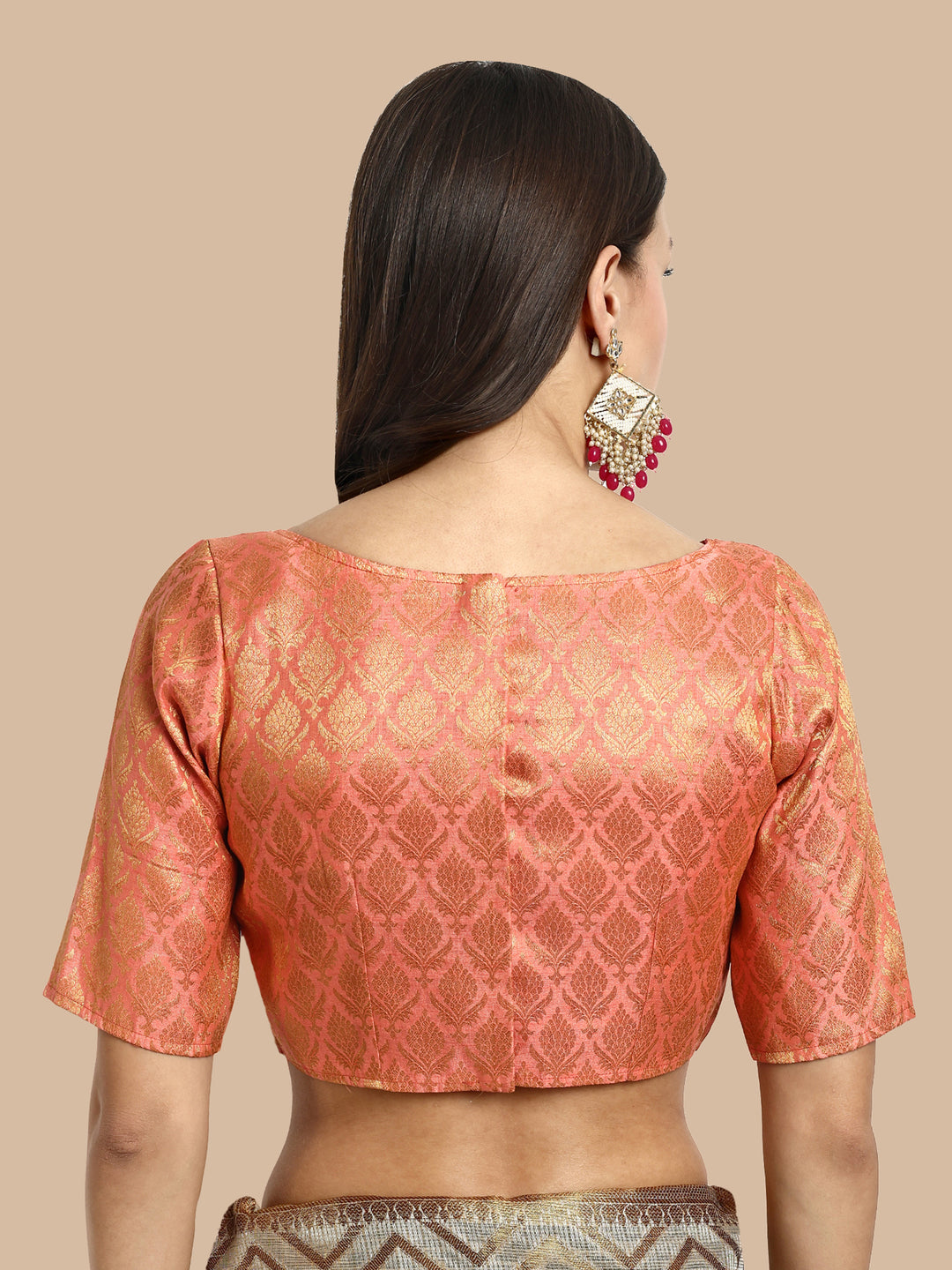 Peach Boat Neck Brocade Blouse