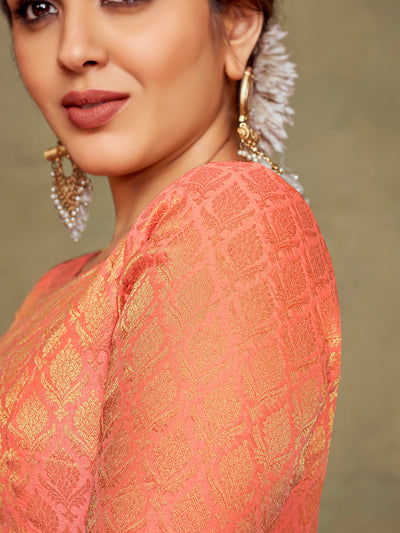 Peach Boat Neck Brocade Blouse with Gold Zari