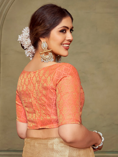 Peach Boat Neck Brocade Blouse with Gold Zari